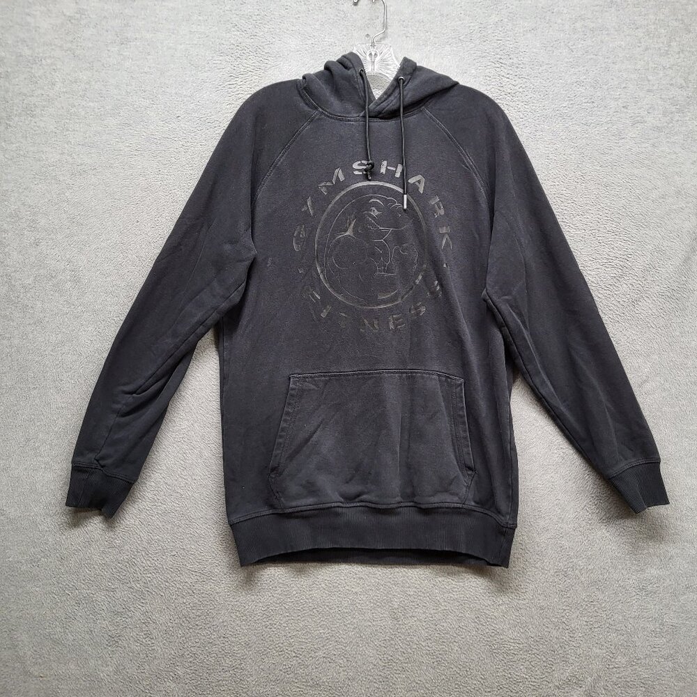 Gymshark Men Hoodie M Black Shark Fitness Activewear Logo‎ Drawstring Long